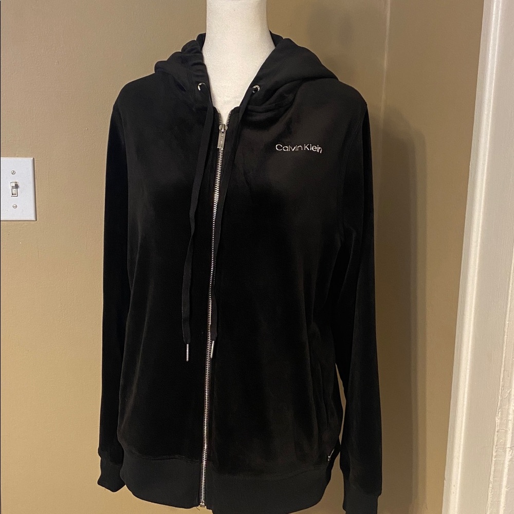 EUC CALVIN KLEIN Black Velour Zip Up Hoodie L - Picture 5 of 8